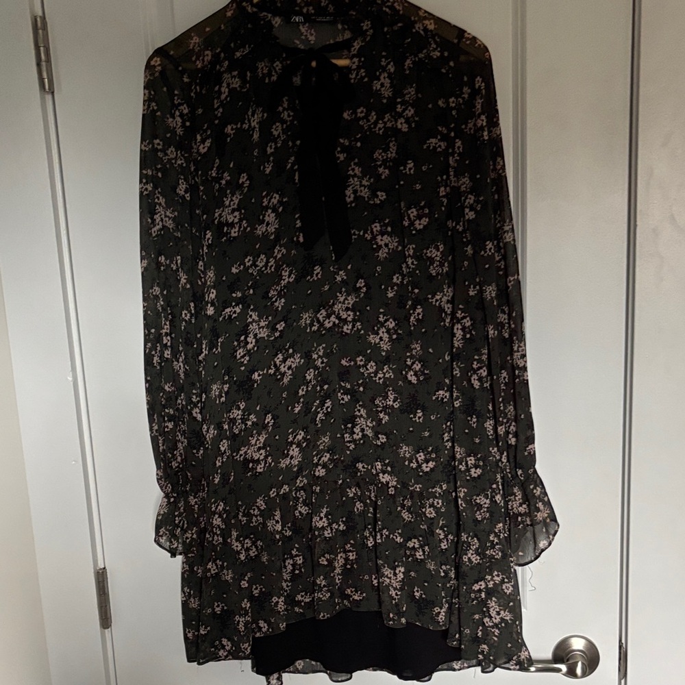 Zara Dark Green Floral Long Sleeve fully lined Dress
